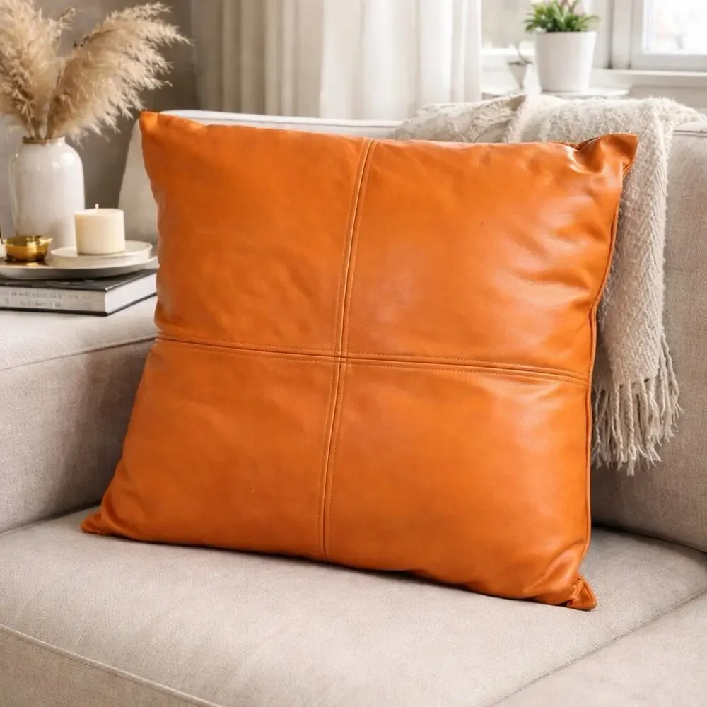 24” Cognac Genuine Leather Throw Pillow Modern Boho Luxe Couch Decor Insert